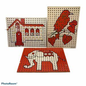 Pressman Vintage Masonite Lacing Board Set 3 Boards 5 laces Sewing Cards